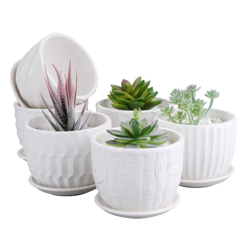 Brajttt Flower Pots, 4 Inch Cylinder Ceramic Plant Pots with Connected Saucer, Mini Ceramic Planters for Succulent and Little Snake Plants (6 Pack, White) - Image 1
